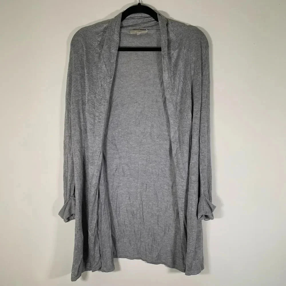 Joan Vass Cardigan Women’s Small Grey Open Front Lightweight Knit Sweater